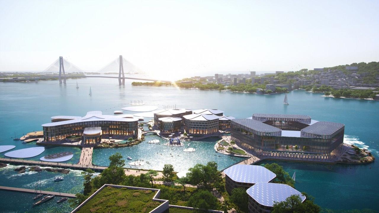 Первый плавучий город Oceanix Busan будет состоять из трех плавучих островов, на которых разместят 12 000 человек