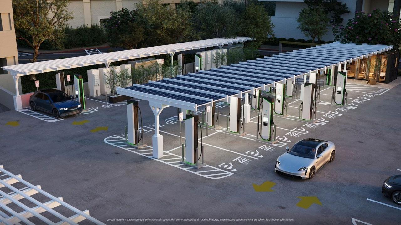 Electrify America представила новый дизайн зарядных станций для электромобилей с солнечными навесами