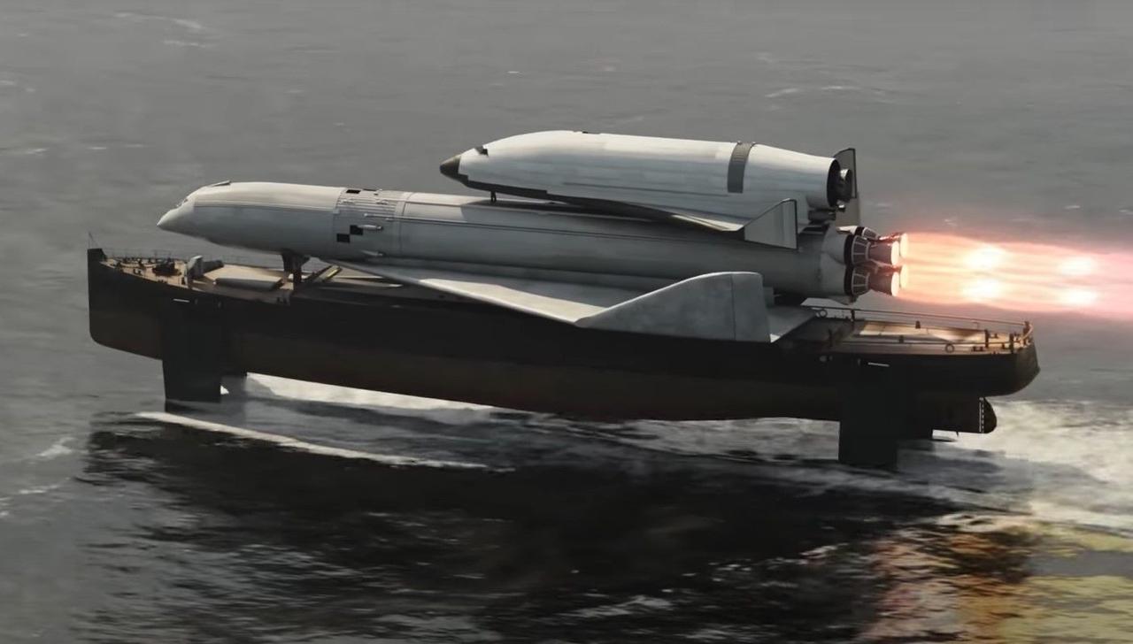 Запуск космического шатла с борта баржи на подводных крыльях 