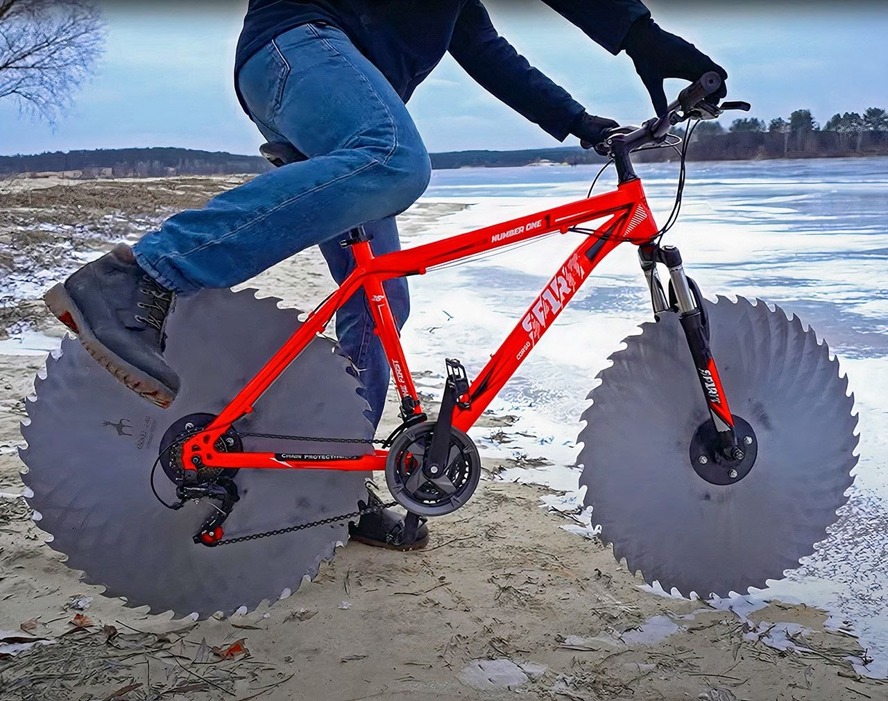 Для езды по льду, «энтузиаст» заменил велосипедные колеса гигантскими дисками для циркулярной пилы