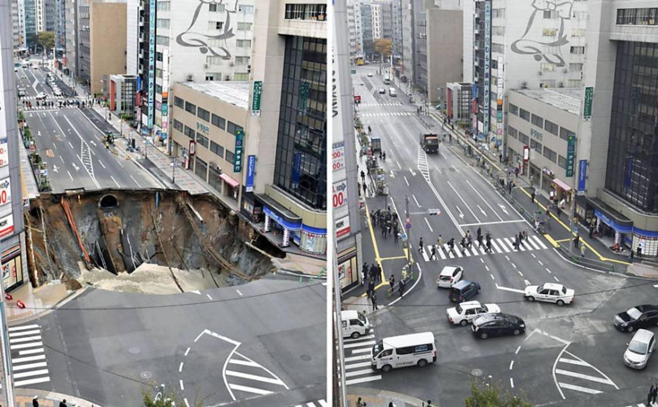 Учимся строить у Японцев. В городе Фукуока гигантский дорожный провал «залатали» за 7 дней